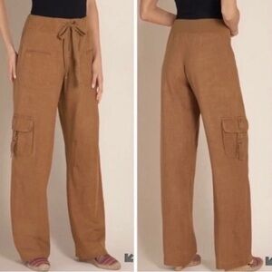 Soft Surroundings Camel Linen Lagenlook Minimalist Wide Leg Cargo Pocket Pants M